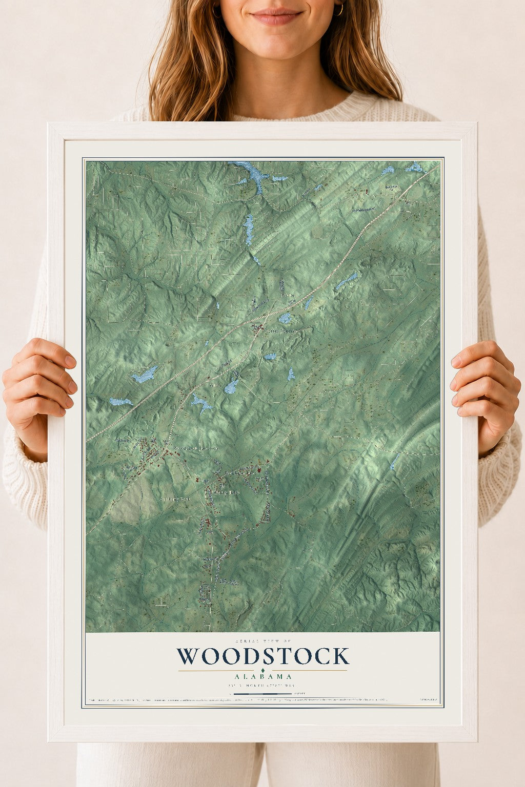 Map of Woodstock, Alabama, 18 x 24 inch print in a white wood frame