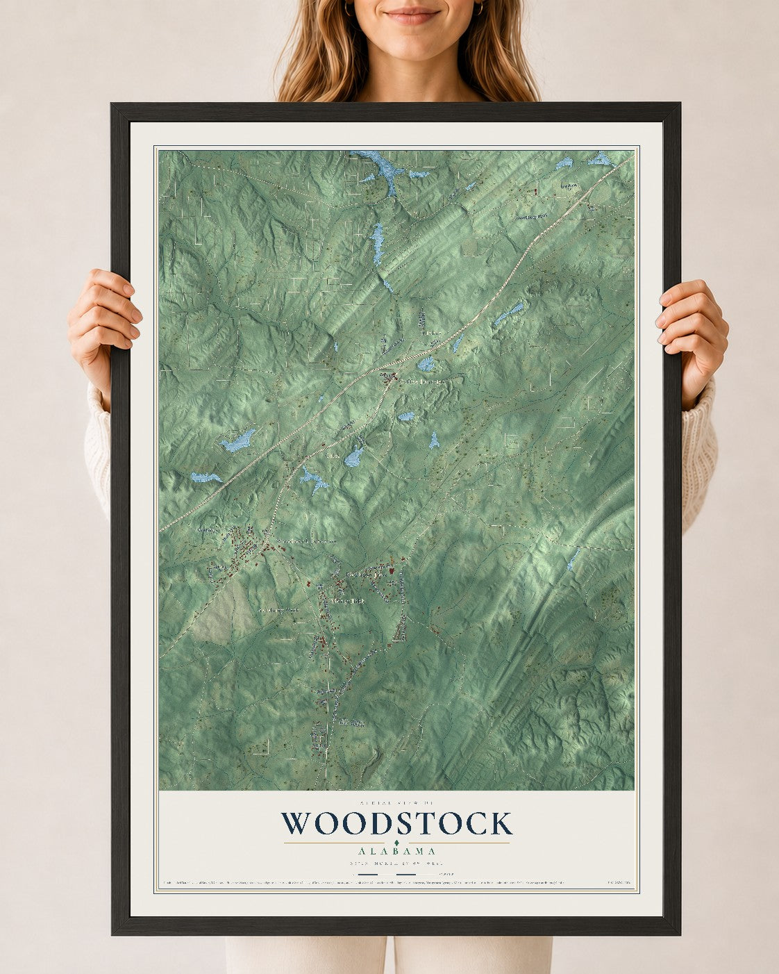 Map of Woodstock, Alabama, 24 x 36 inch print in a black wood frame