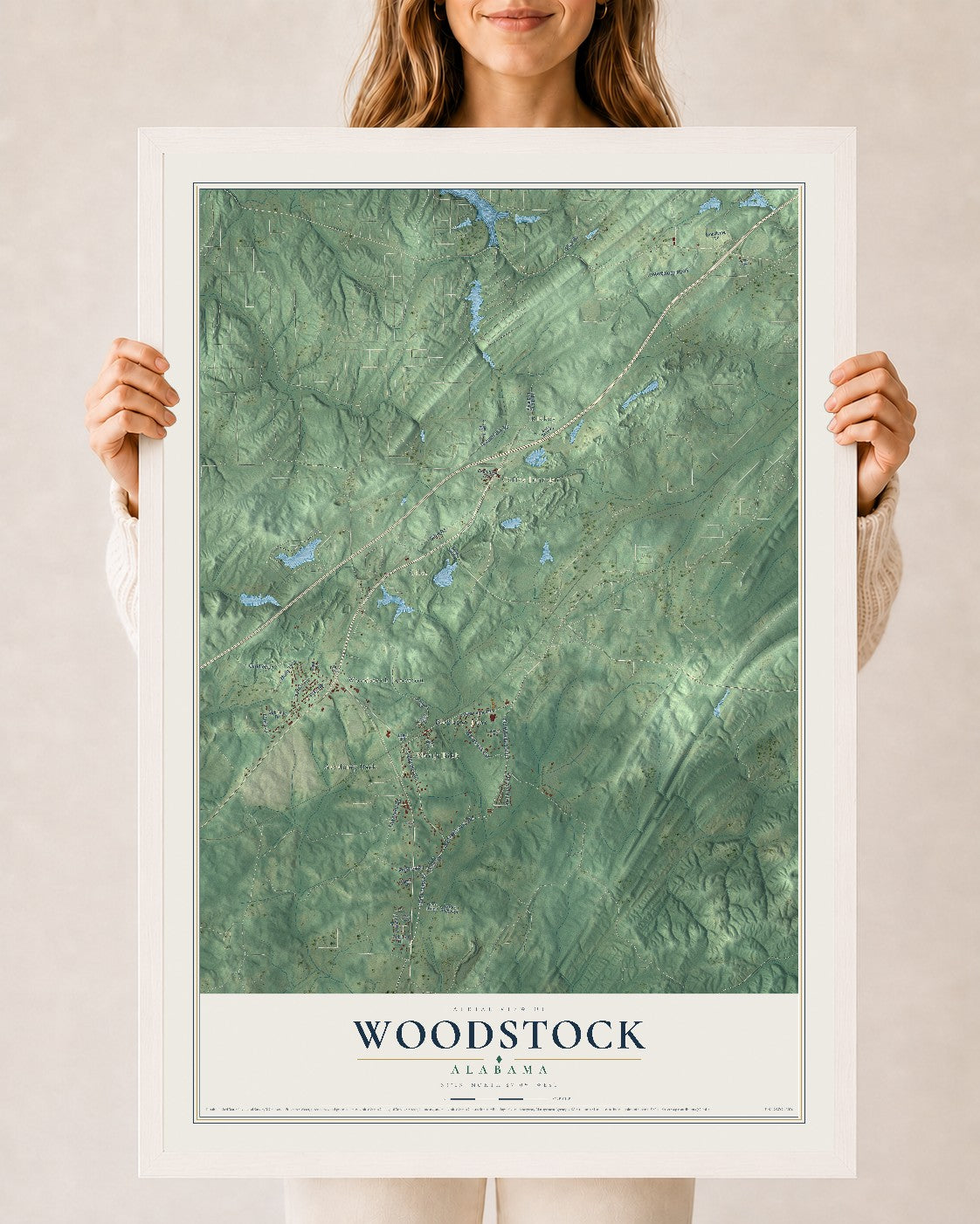 Map of Woodstock, Alabama, 24 x 36 inch print in a white wood frame
