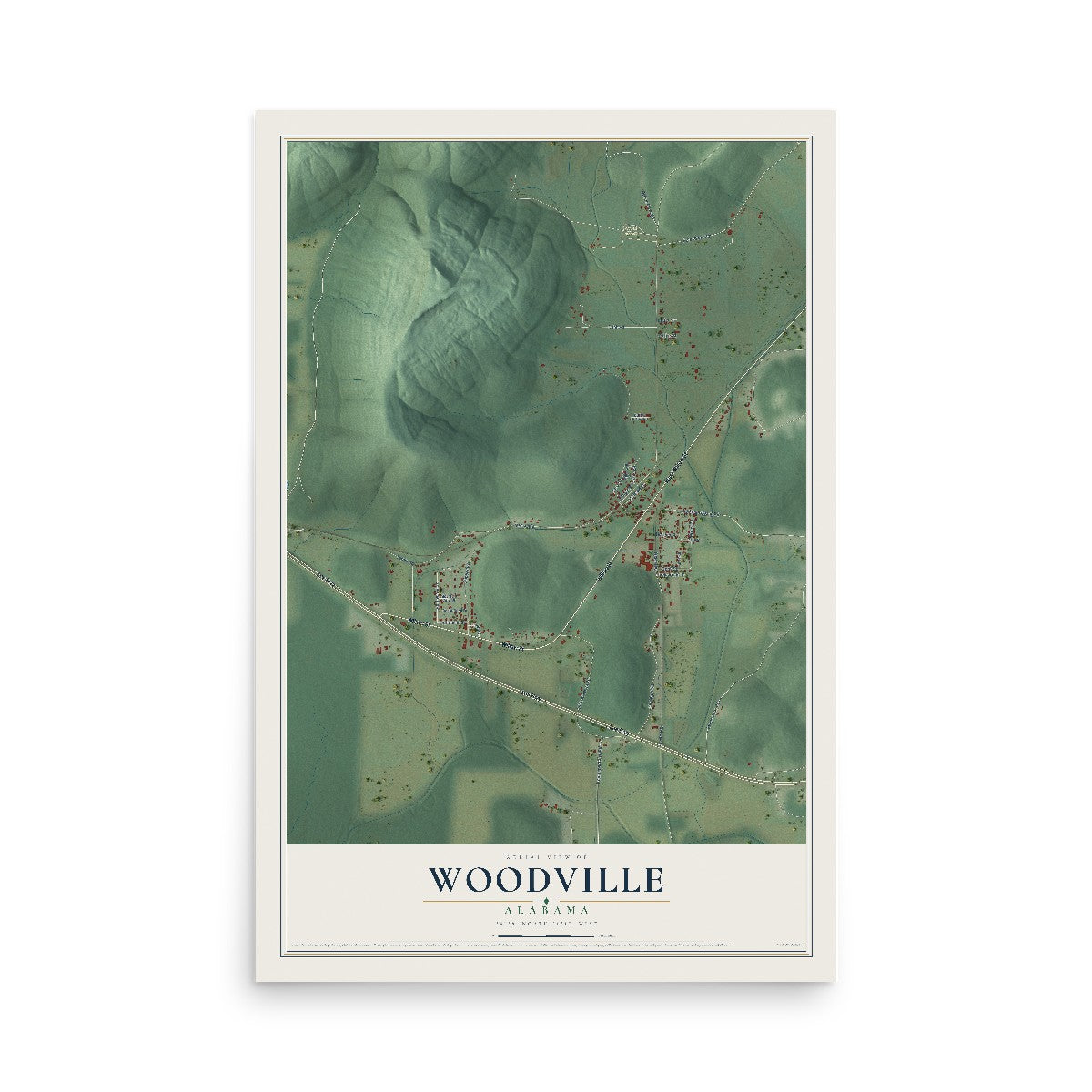 Map of Woodville, Alabama, 12 x 18 inch unframed archival matte print