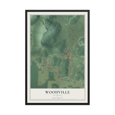 Map of Woodville, Alabama, 12 x 18 inch print in a black wood frame