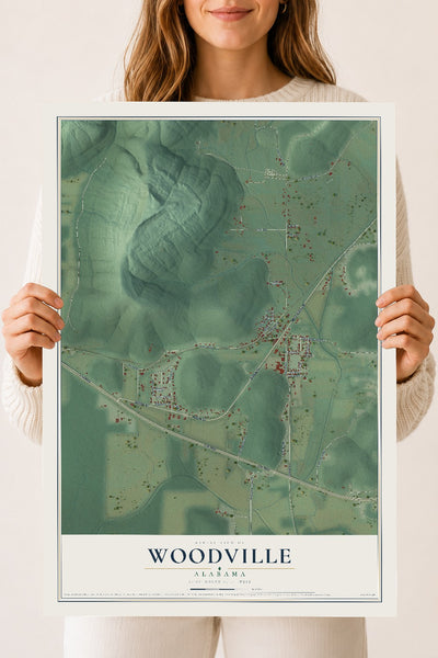 Map of Woodville, Alabama, 18 x 24 inch unframed archival matte print