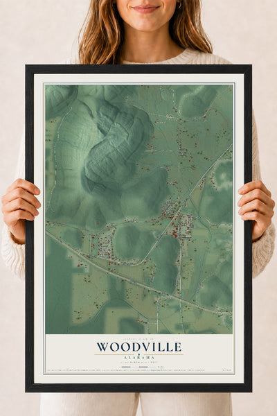 Map of Woodville, Alabama, 18 x 24 inch print in a black wood frame
