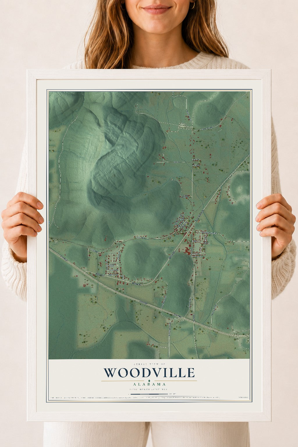 Map of Woodville, Alabama, 18 x 24 inch print in a white wood frame