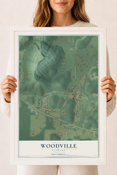 Map of Woodville, Alabama, 18 x 24 inch print in a white wood frame
