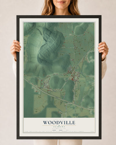 Map of Woodville, Alabama, 24 x 36 inch print in a black wood frame