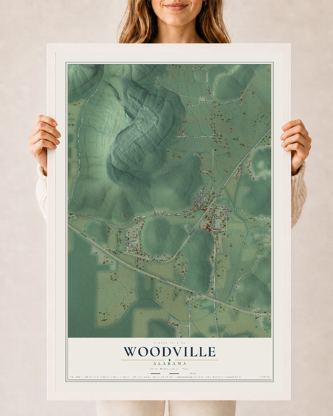 Map of Woodville, Alabama, 24 x 36 inch print in a white wood frame