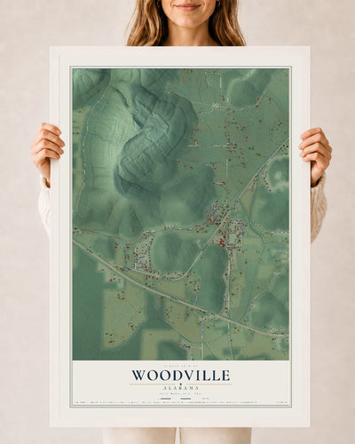 Map of Woodville, Alabama, 24 x 36 inch print in a white wood frame