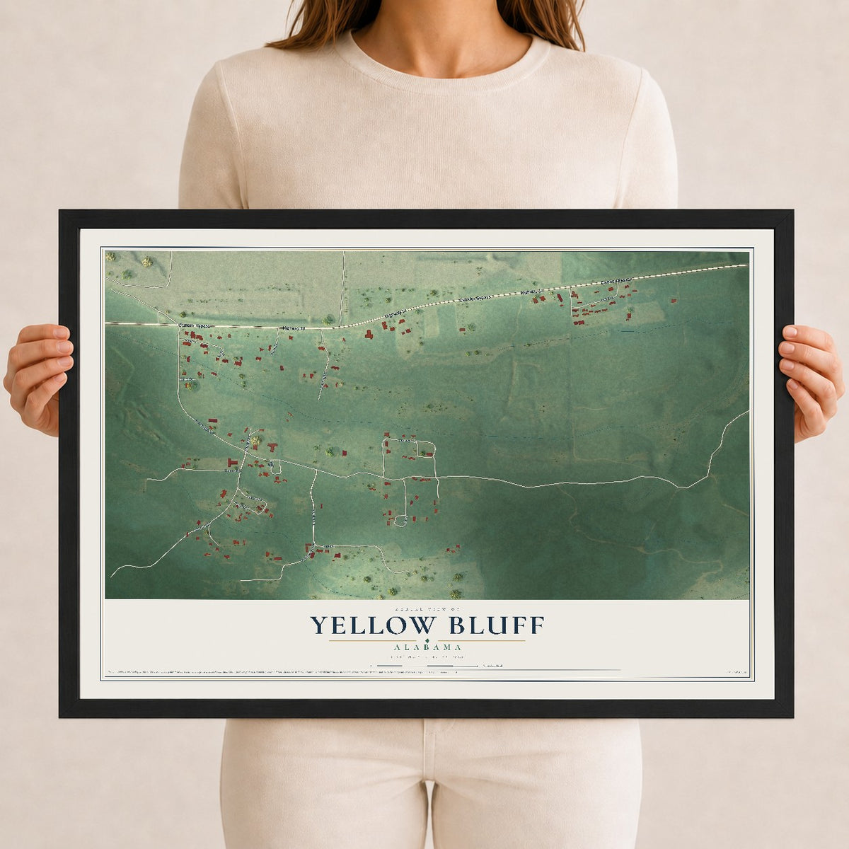 Map of Yellow Bluff, Alabama, 12 x 18 inch print in a black wood frame
