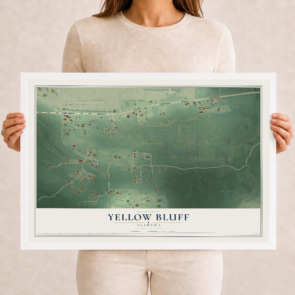 Map of Yellow Bluff, Alabama, 12 x 18 inch print in a white wood frame