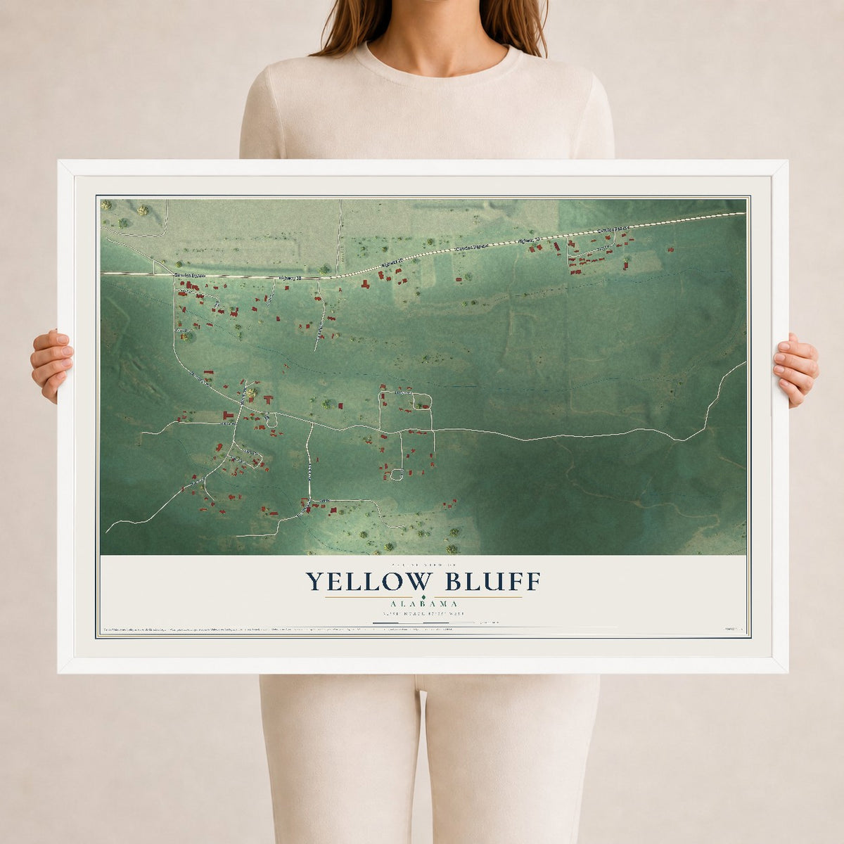 Map of Yellow Bluff, Alabama, 24 x 36 inch print in a white wood frame