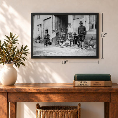 American Soldiers in a French Village, World War I, 12 x 18 inch vintage photo print in a black frame in an entryway