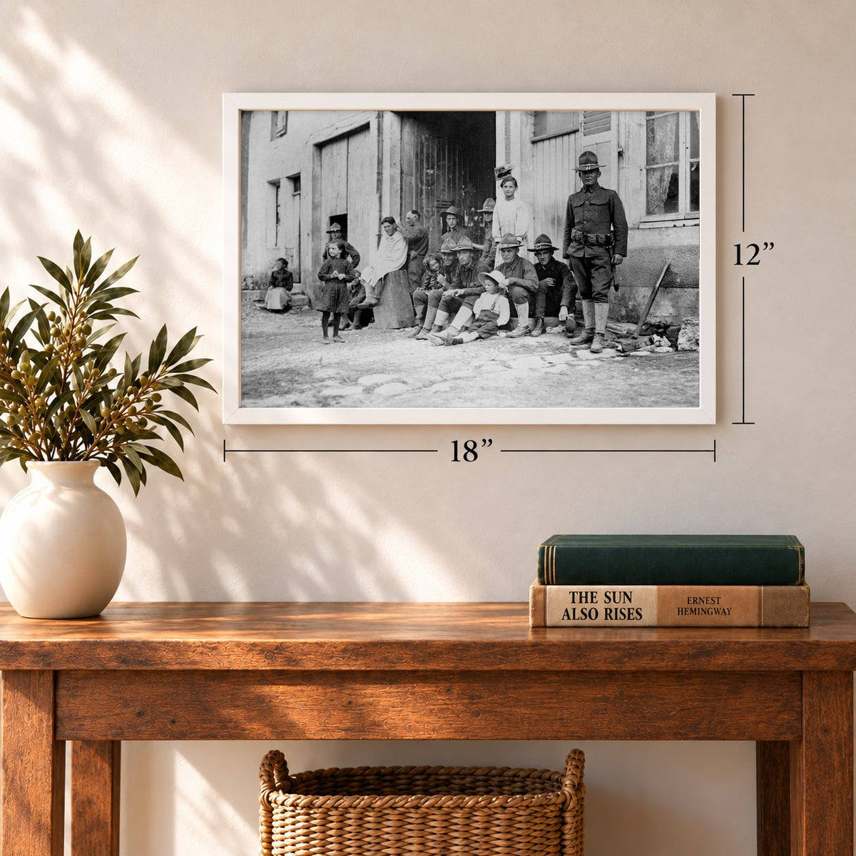 American Soldiers in a French Village, World War I, 12 x 18 inch vintage photo print in a white frame in an entryway