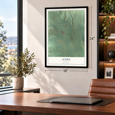 Acorn, Arkansas map, 18 x 24 inch print in a black frame in a home office