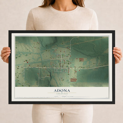 Map of Adona, Arkansas, 12 x 18 inch print in a black wood frame