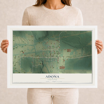 Map of Adona, Arkansas, 12 x 18 inch print in a white wood frame