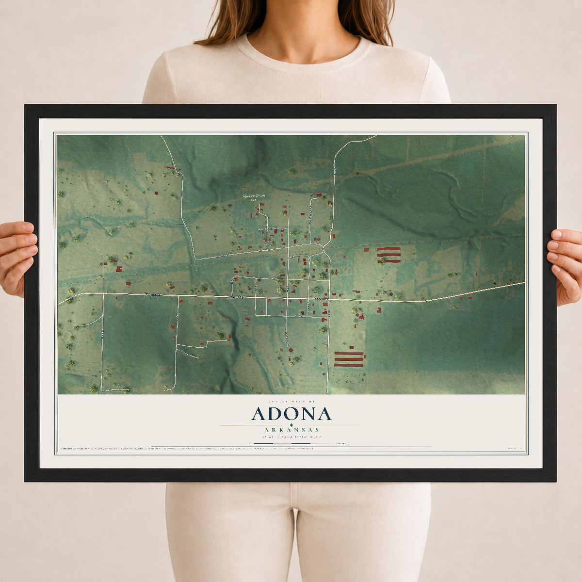 Map of Adona, Arkansas, 18 x 24 inch print in a black wood frame