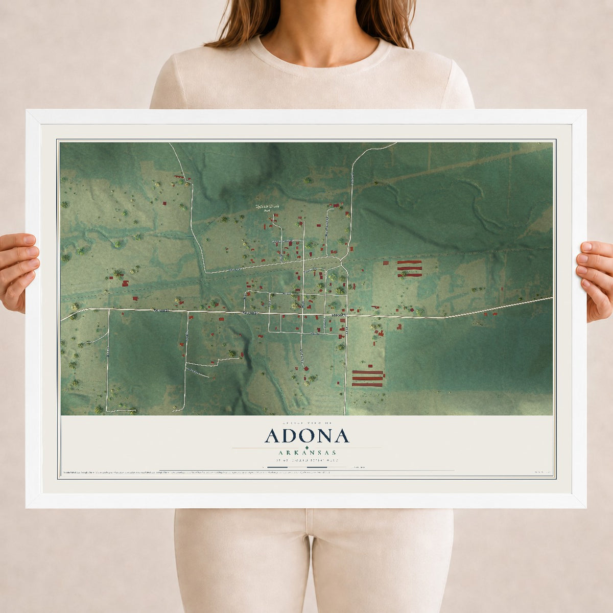 Map of Adona, Arkansas, 18 x 24 inch print in a white wood frame