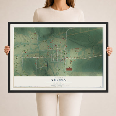 Map of Adona, Arkansas, 24 x 36 inch print in a black wood frame