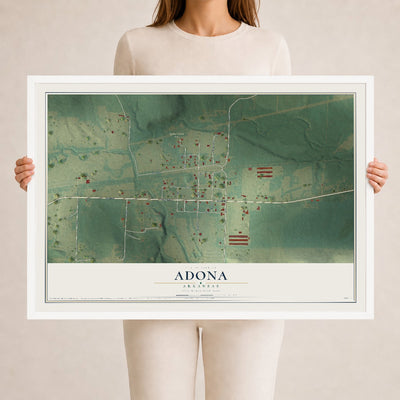 Map of Adona, Arkansas, 24 x 36 inch print in a white wood frame