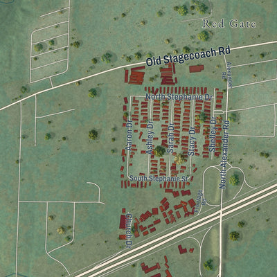 Close-up of the map of Alexander, Arkansas print showing street and building detail