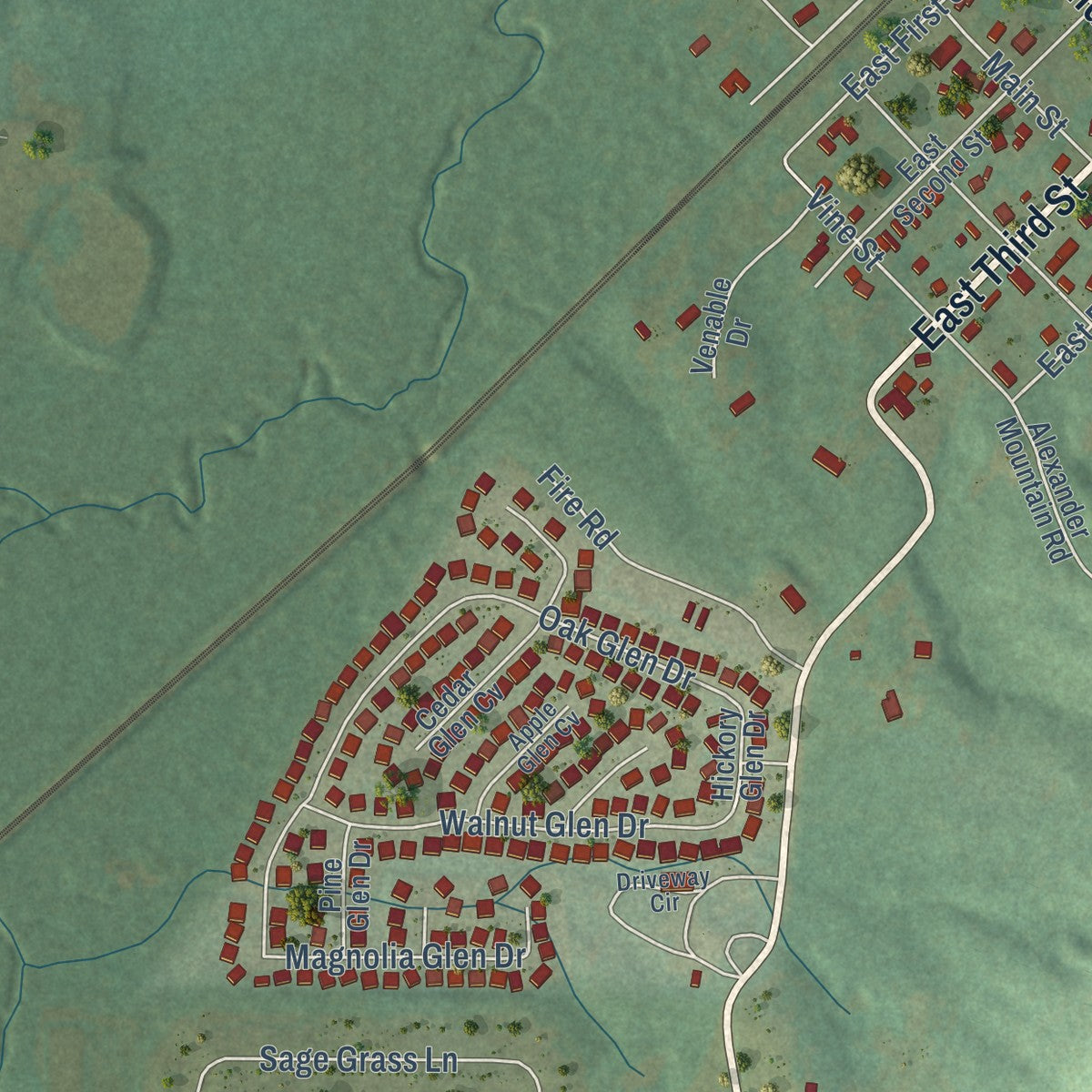Second close-up of the map of Alexander, Arkansas print showing more streets and buildings