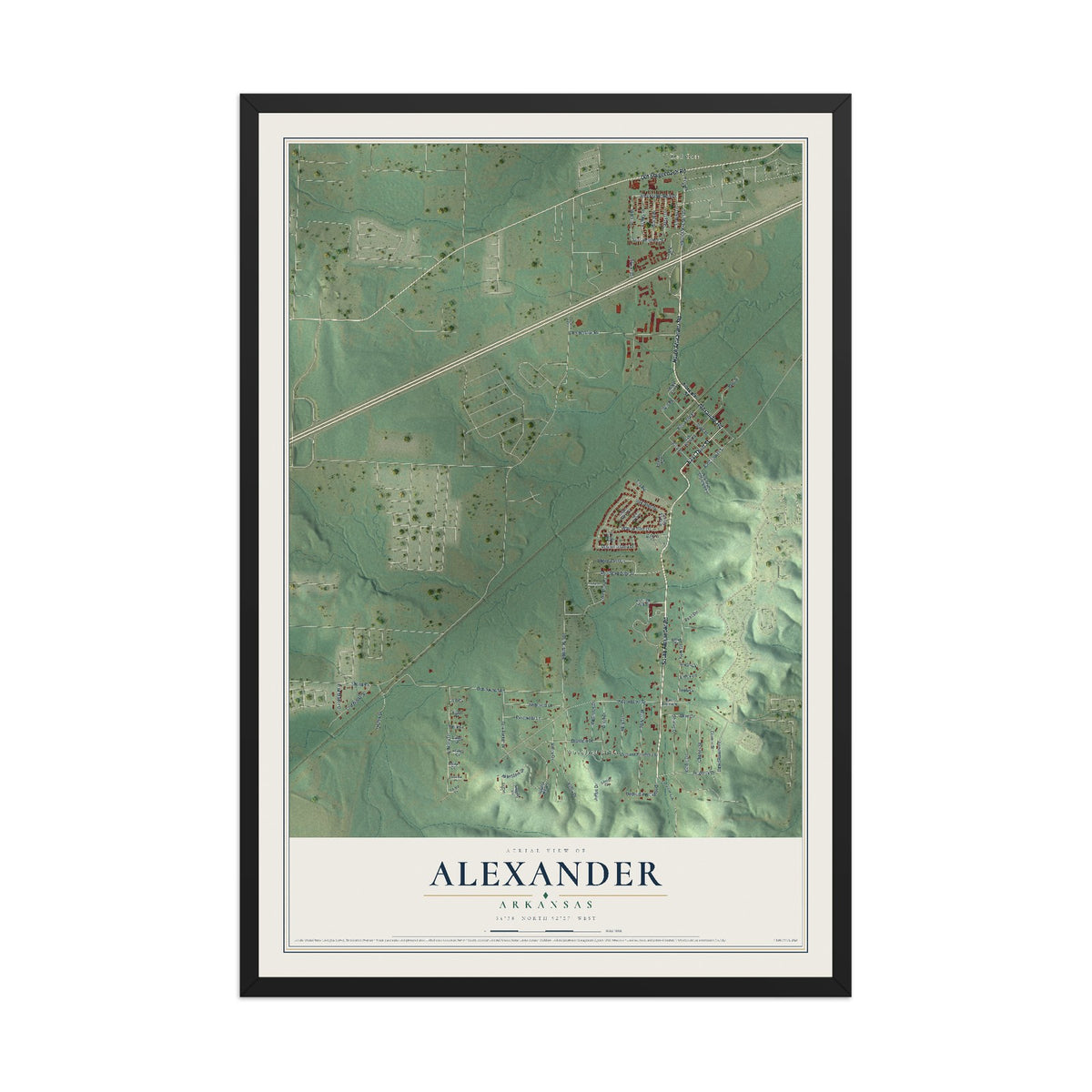 Map of Alexander, Arkansas, 12 x 18 inch print in a black wood frame