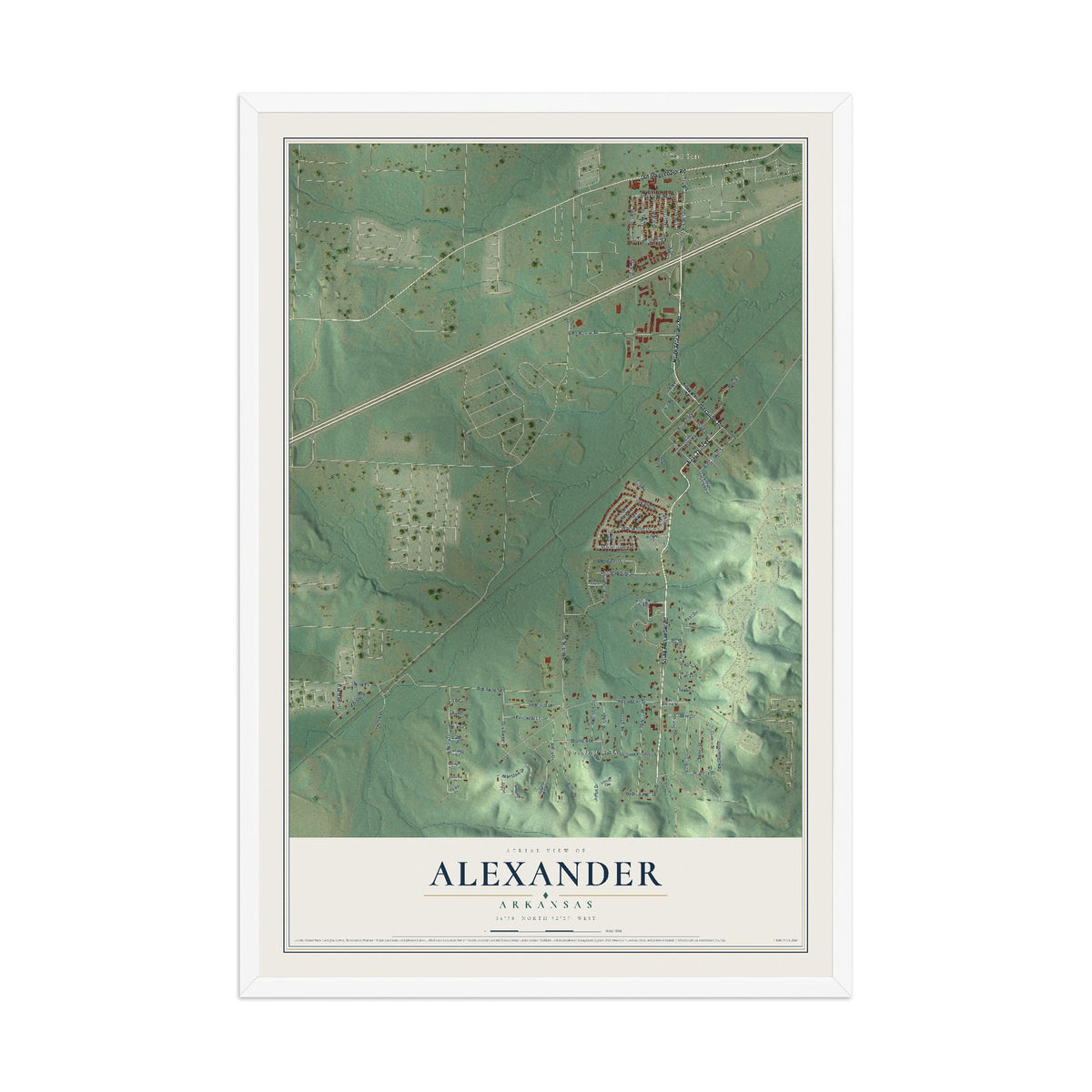 Map of Alexander, Arkansas, 12 x 18 inch print in a white wood frame