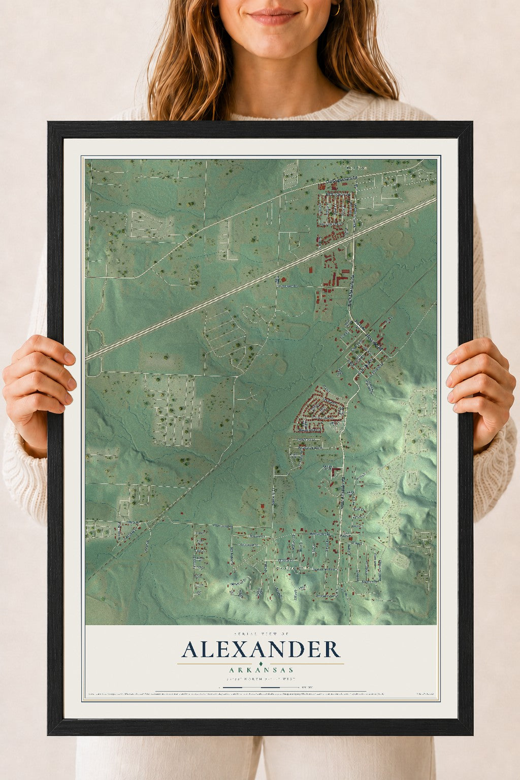Map of Alexander, Arkansas, 18 x 24 inch print in a black wood frame