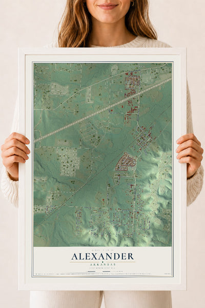 Map of Alexander, Arkansas, 18 x 24 inch print in a white wood frame