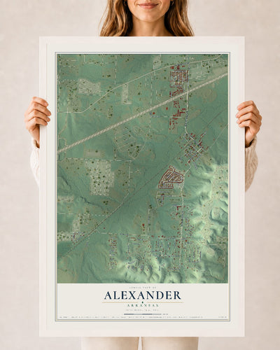 Map of Alexander, Arkansas, 24 x 36 inch print in a white wood frame