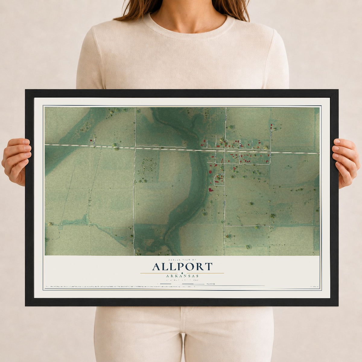 Map of Allport, Arkansas, 12 x 18 inch print in a black wood frame
