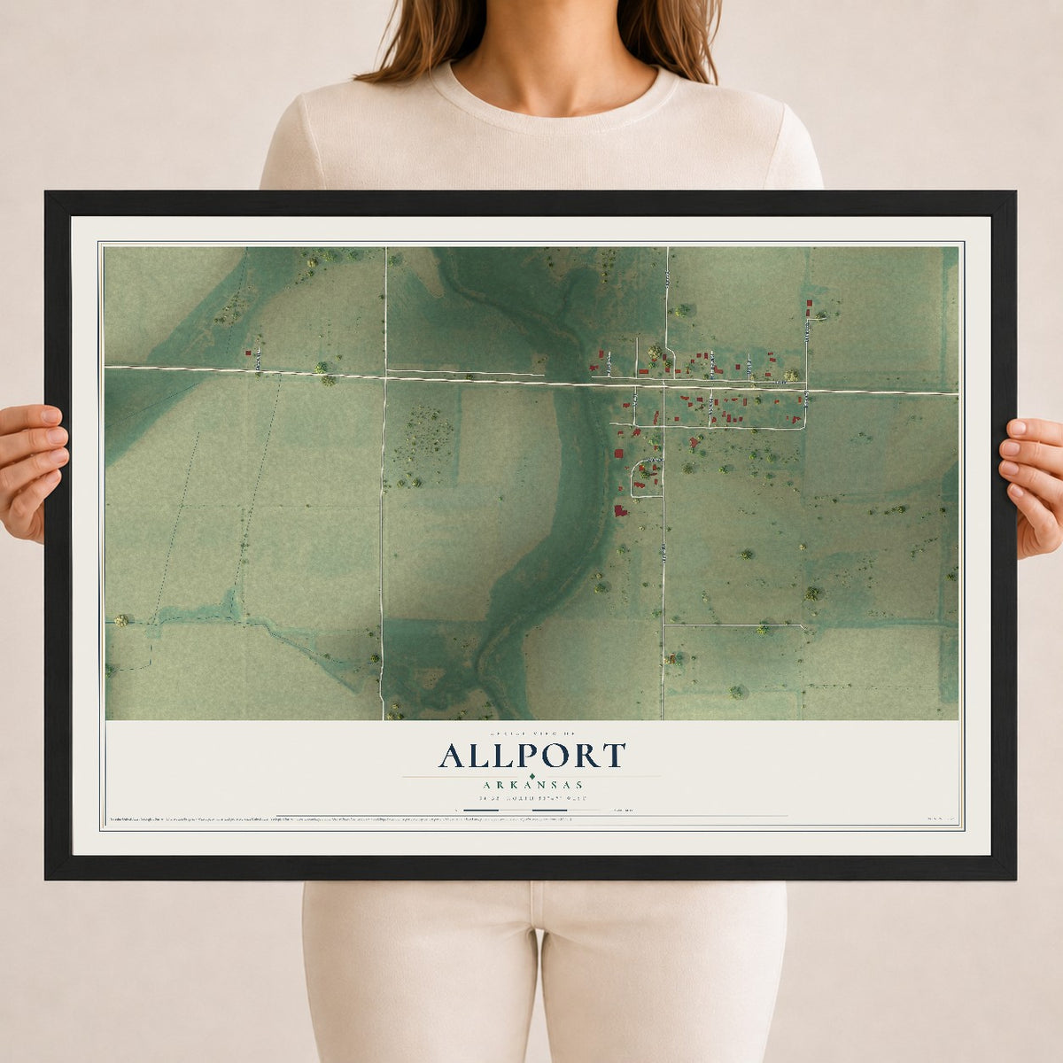 Map of Allport, Arkansas, 18 x 24 inch print in a black wood frame