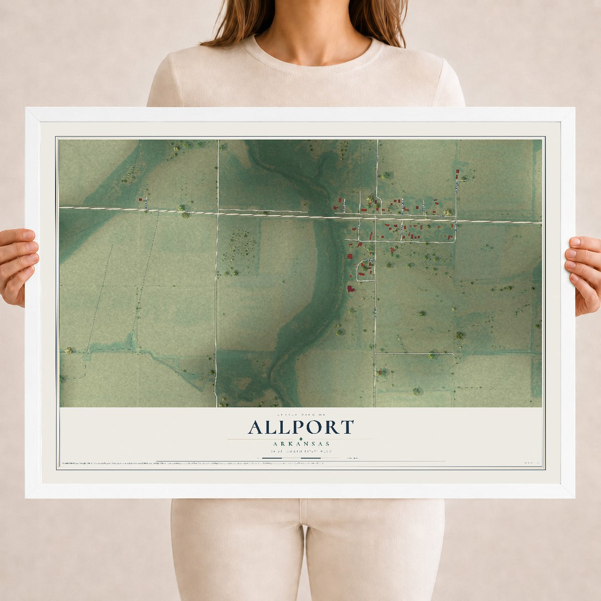 Map of Allport, Arkansas, 18 x 24 inch print in a white wood frame