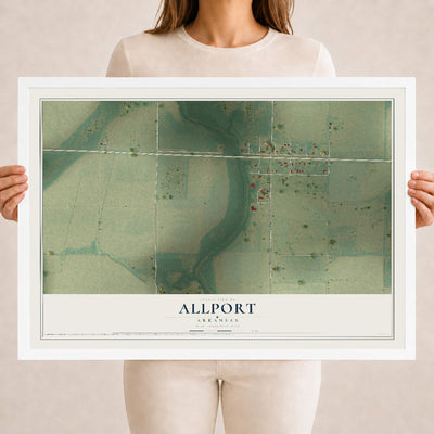 Map of Allport, Arkansas, 18 x 24 inch print in a white wood frame