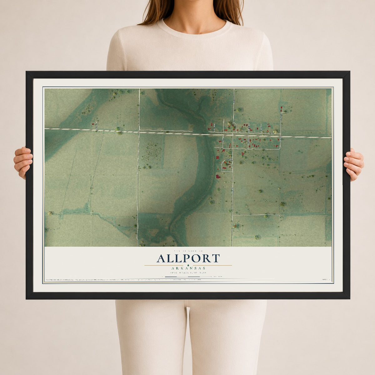 Map of Allport, Arkansas, 24 x 36 inch print in a black wood frame