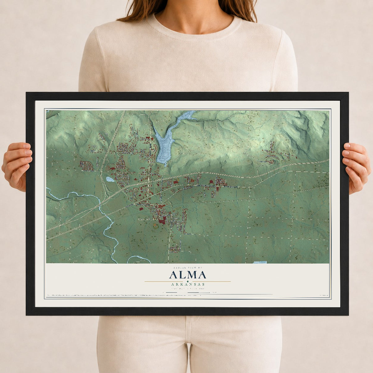 Map of Alma, Arkansas, 12 x 18 inch print in a black wood frame