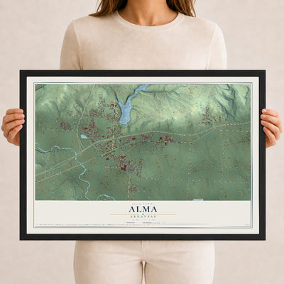 Map of Alma, Arkansas, 12 x 18 inch print in a black wood frame