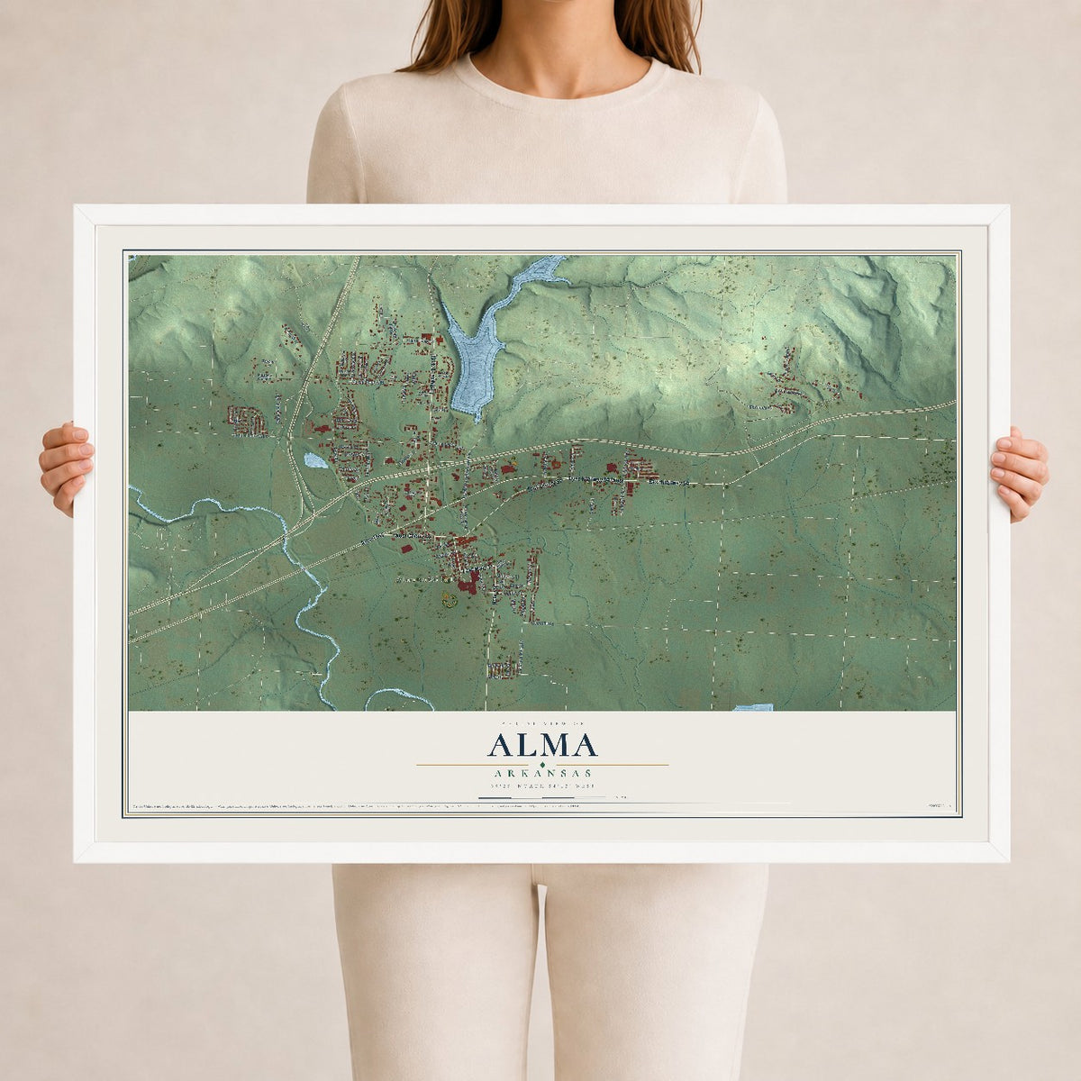 Map of Alma, Arkansas, 24 x 36 inch print in a white wood frame