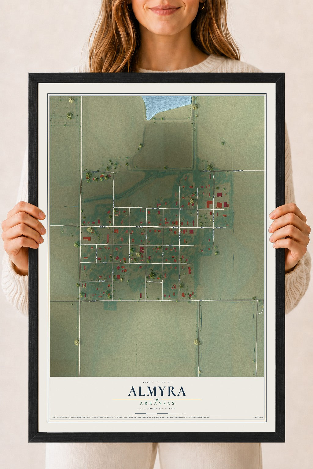 Map of Almyra, Arkansas, 18 x 24 inch print in a black wood frame