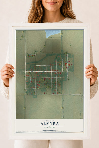 Map of Almyra, Arkansas, 18 x 24 inch print in a white wood frame