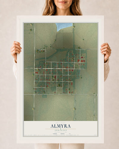 Map of Almyra, Arkansas, 24 x 36 inch print in a white wood frame