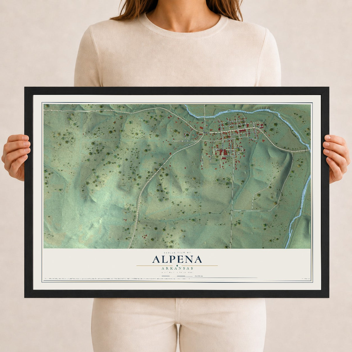 Map of Alpena, Arkansas, 12 x 18 inch print in a black wood frame