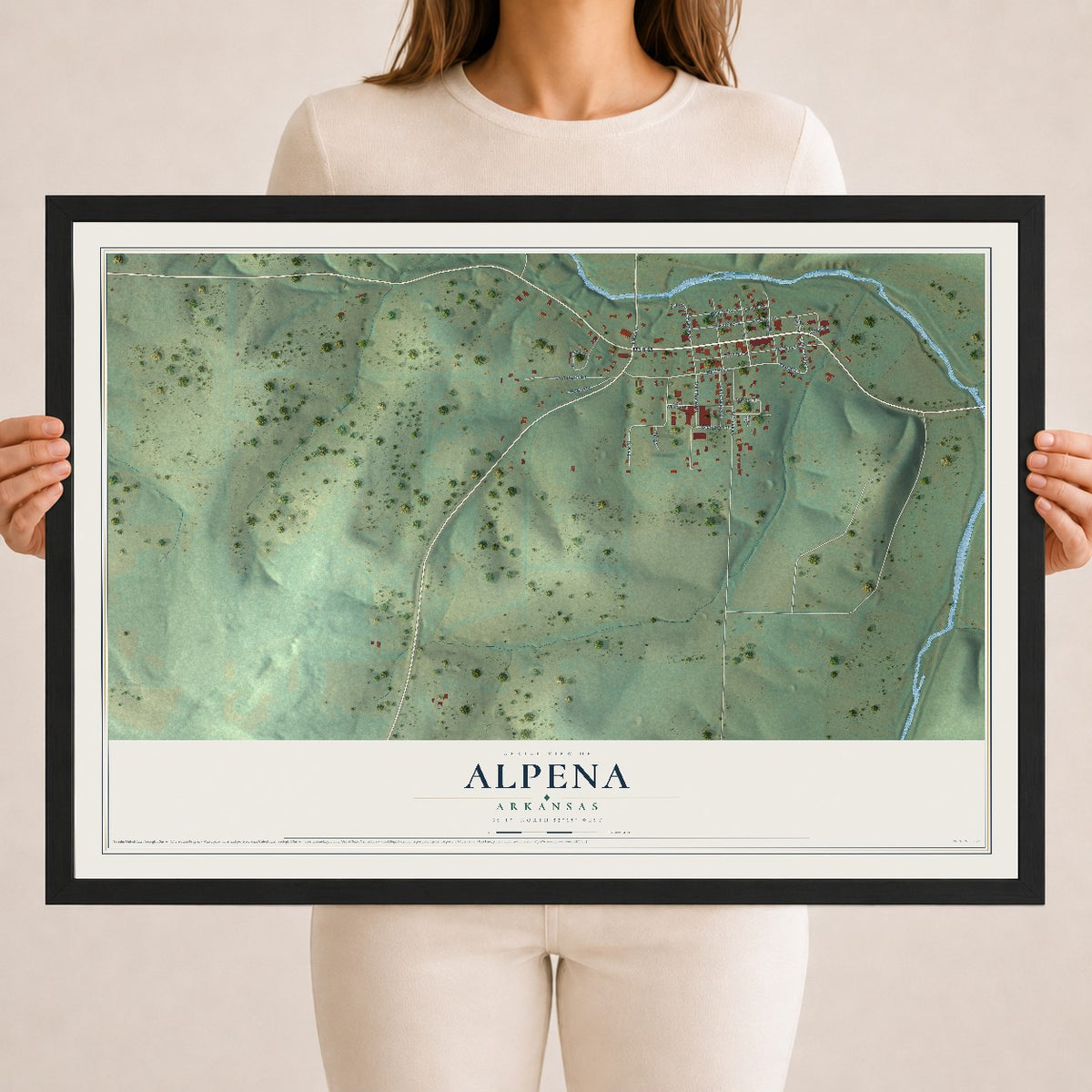 Map of Alpena, Arkansas, 18 x 24 inch print in a black wood frame