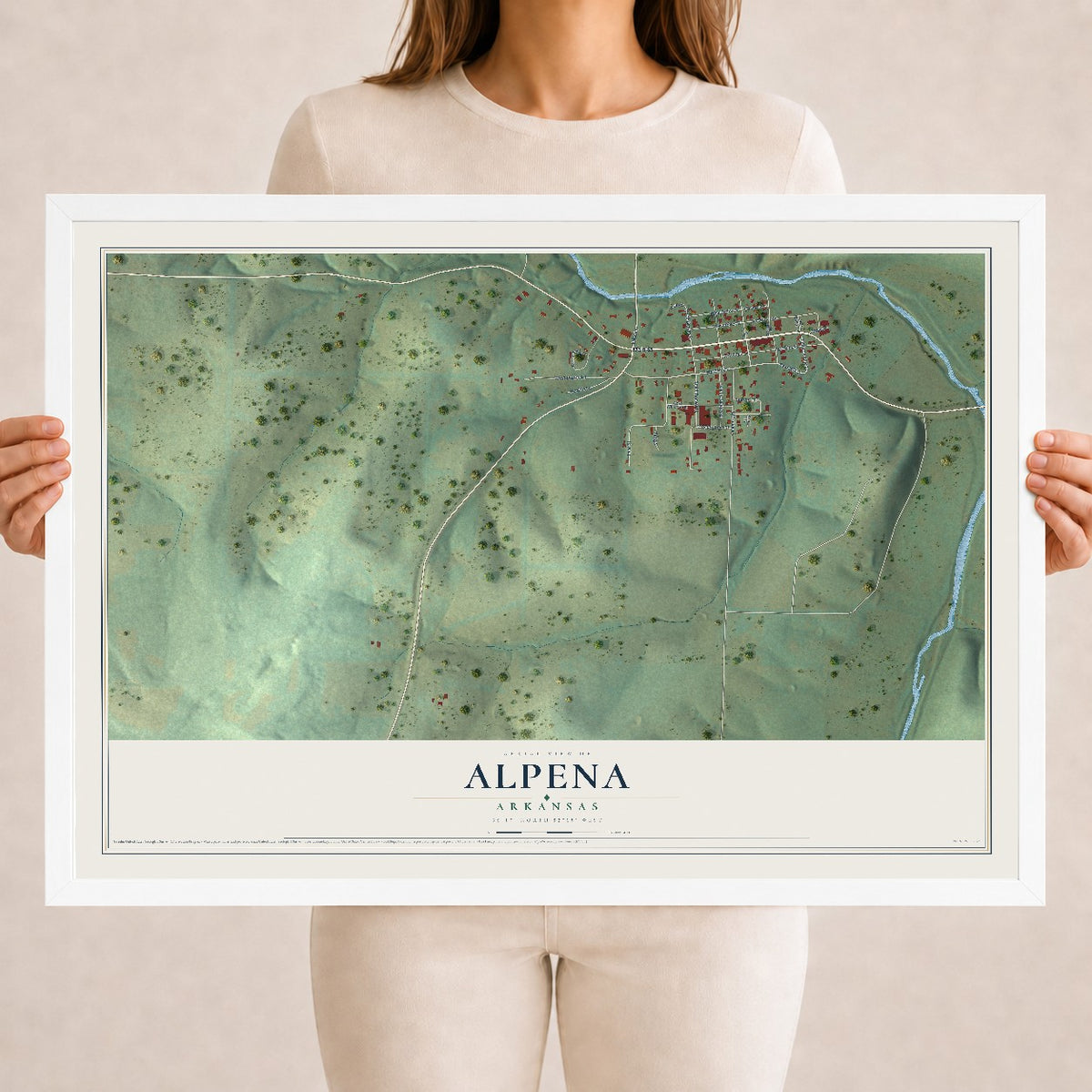 Map of Alpena, Arkansas, 18 x 24 inch print in a white wood frame