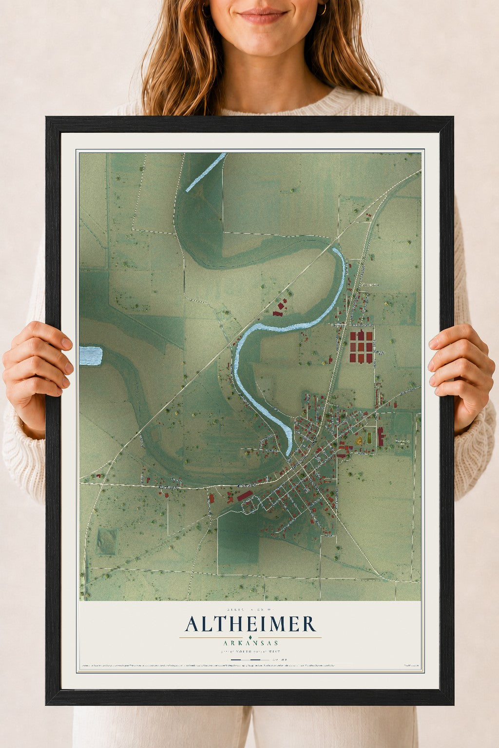 Map of Altheimer, Arkansas, 18 x 24 inch print in a black wood frame
