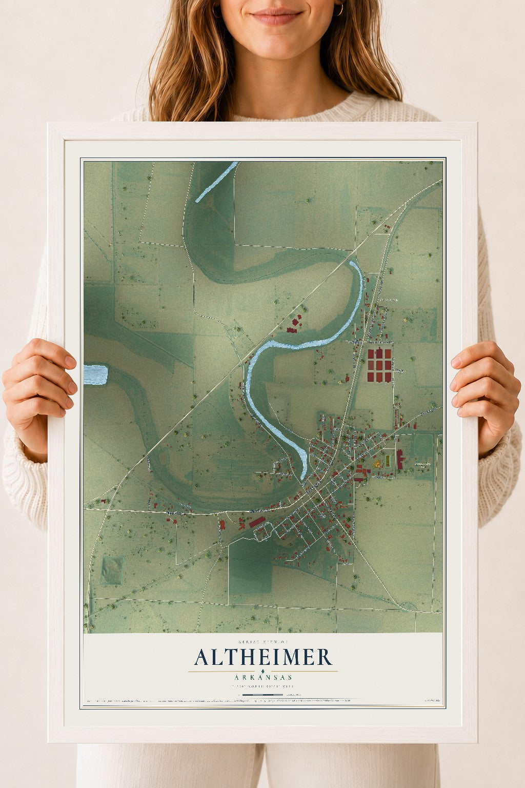 Map of Altheimer, Arkansas, 18 x 24 inch print in a white wood frame