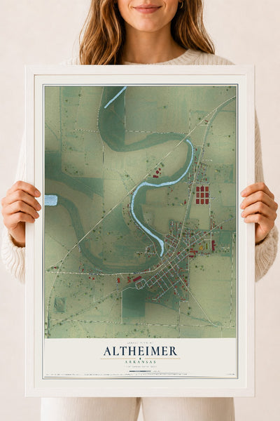 Map of Altheimer, Arkansas, 18 x 24 inch print in a white wood frame