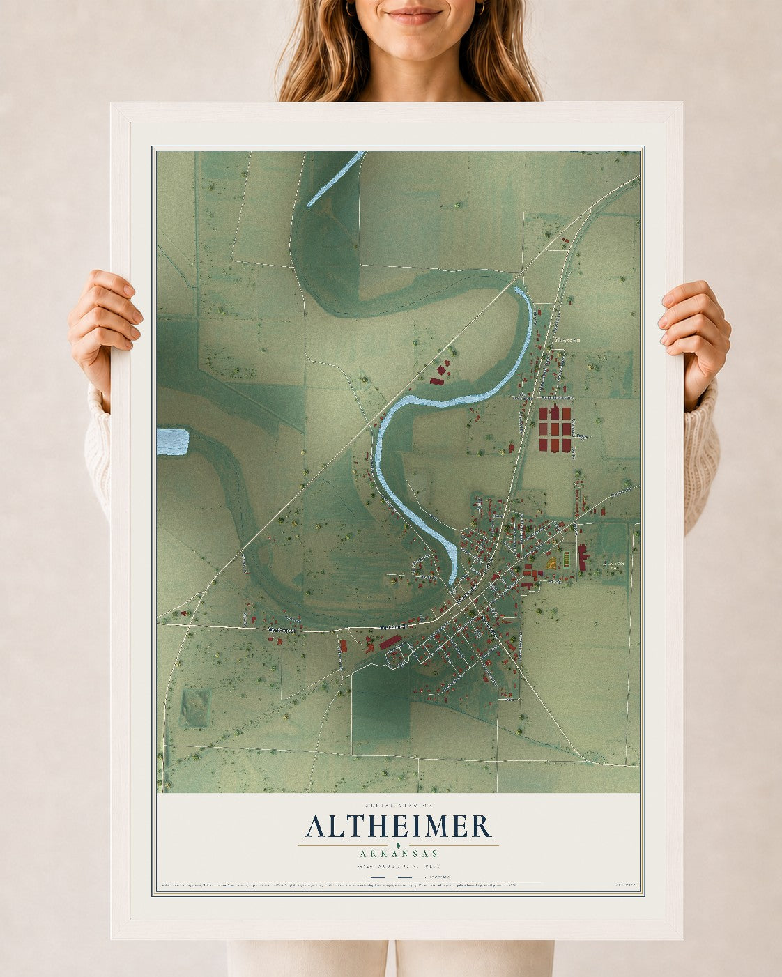 Map of Altheimer, Arkansas, 24 x 36 inch print in a white wood frame