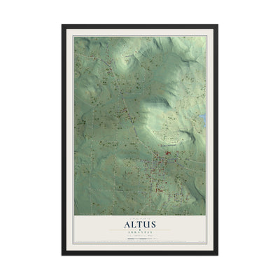 Map of Altus, Arkansas, 12 x 18 inch print in a black wood frame